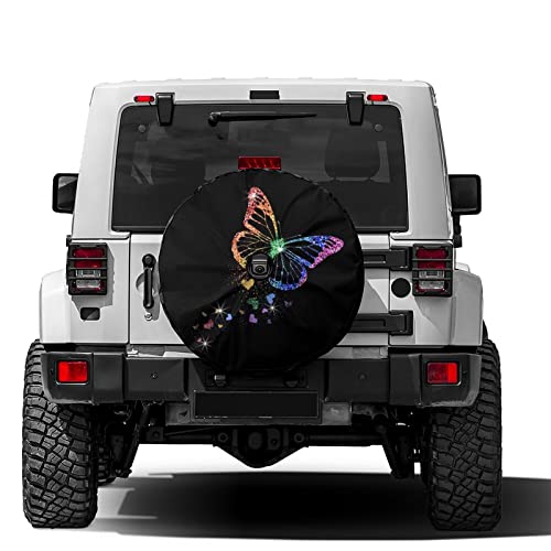 Image of Delerain Spare Tire Cover with Backup Camera Hole Rainbow Butterfly with Hearts Wheel Covers Waterproof Dust-Proof UV Sun Universal Fit for Trailer RV SUV Truck (17 Inch for Diameter 31 inch-33 inch)