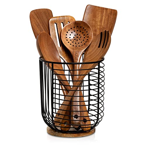 MosJos-Extra-Large-Black-Utensil-Holder-with-Wooden-Base-Farmhouse-Utensil-Storage-Wire-Crock-Kitchen-Countertop-Organizer-72-x-62-Cooking-Utensil-Holder