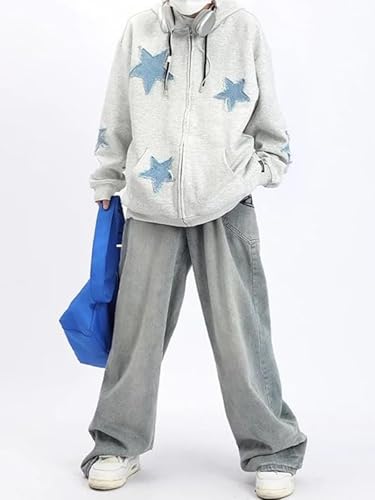 Image of BAIMORE Unisex Vintage Blue Star Patch Drawstring Zipper Hoodie Loose Casual Couple Jacket