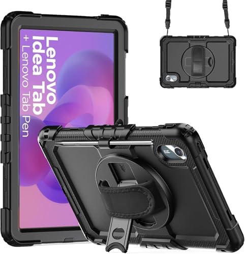 Image of Junfire Protective Case for Lenovo Idea Tab 11-inch 2025,Black | Screen Protector, Shockproof, Hand Strap, 360Rotating Stand, Pencil Holder, Carrying Strap, Hard Shell