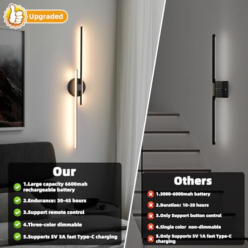 Image of Rechargeable Battery Operated Wall Sconce Set of Two, Black Wireless LED Wall Sconces with Remote Control, Dimmable 3 Colors Cordless Wall Lights for Living Room, Bedroom, Hallway, 31.4 Inch(2pcs)