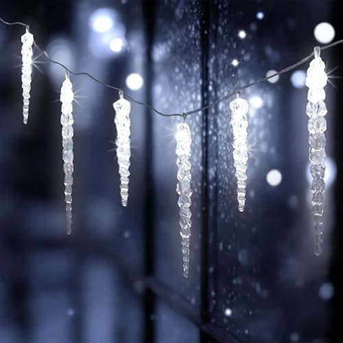 Spetebo LED Eiszapfen Lichterkette kalt weiß mit Timer - 285cm / 20...