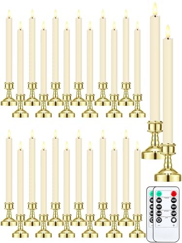 Image of VIHOSE 24 Pcs Flameless Taper Candles with Holders, Gold, Elegant Style