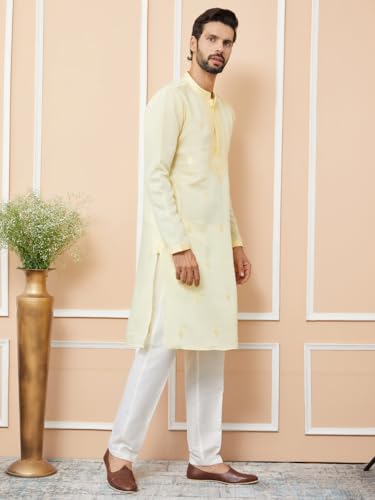 Image of See Designs Men's Long Sleeve Mandarin Collar Side Slit Off-White Embroidered Chanderi Silk Straight Kurta
