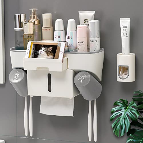 Toothbrush Holder with Toothpaste Dispenser Wall Mounted for Bathroom, Large Capacity Bathroom Storage Organizer Accessories Set, 2 Cups and 4 Toothbrush Slots(Grey)