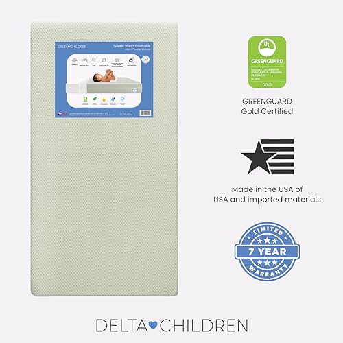 Image of Delta Children Twinkle Stars Breathable Baby Bed Crib Mattress and Toddler Mattress with Removable /Machine Washable Cover - GREENGUARD Gold - Waterproof - Sustainably Sourced Core Fiber Core, Green