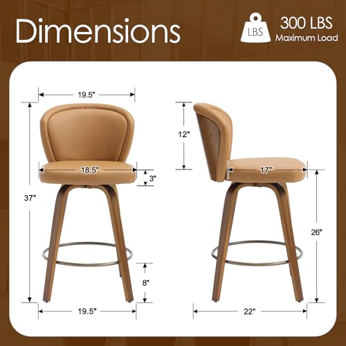 Image of HNY Swivel Counter Height Bar Stools Set of 6, 26 Inch Barstools with Wanlut Wooden Leg and Back, Faux Leather Upholstered Counter Stools for Kitchen Island, Brown