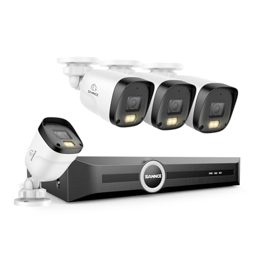 SANNCE Kit Camaras de Vigilancia PoE, 5MP Nvr 8ch 2K/3MP 4 Cámaras IP PoE Exterior/Interior sin Disco Duro con Leds IR Inteligentes, Detección de Movimiento, Visión Nocturna en Color de 65 Pies