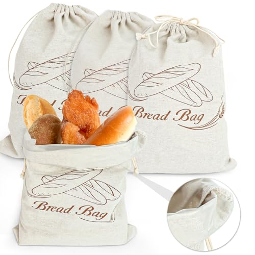 PRZRAO 4 Pièces Sac à Pain avec Cordon de Serrage 40x30cm Grand Sac Frais Réutilisable à Pain avec Film Intérieur en Lin pour le Stockage du