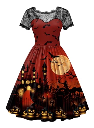For G and PL Frauen Halloween Party Cosplay Schwarz Spitzenkrägen Kleider Kurzarm Knielang Vintage Kostüm Rot L