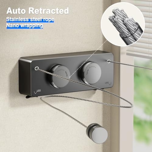 Image of MUSTORN Retractable Twin Clothesline Indoor, Non-Sagging Outdoor Clothes Line Retracting Heavy Duty Clothes Drying Laundry Line Wall Mounted Stainless Steel Line-13.8Feets(Double Line-Black)
