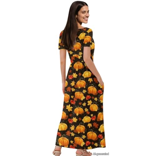 Image of Women's Fall Summer Short Sleeve Ankle Length V-Neck Party Dress with Pockets Size S-3XL
