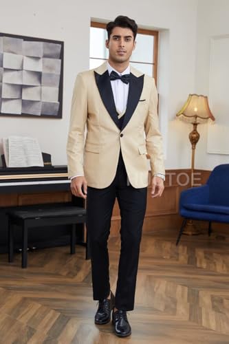 HUUTOE Men's Tuxedo Suits 3 Piece Slim Fit Stylish Party Wedding Prom Formal Christmas Double Breasted Suit with Bow Tie4