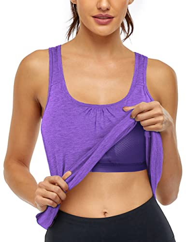Miusey Built In Bra Tank Tops For Women, Ladies Round Neck Basic Racerback Camisole Workout Yoga Tanks Top Summer Sleeveless Tennis Shirts Loose Athletic Clothes Purple Medium #TOP21