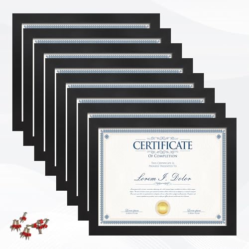 Flocey 8.5x11 Picture Frame set of 8, Multi Certificate 8.5 by 11 Picture Frames Bulk, Document Diploma Award Frame for Wall Hanging or Tabletop Display, Black