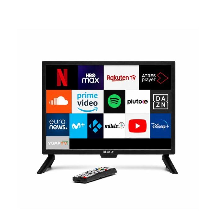 BLUGY Televisión Smart 19' LED HD, 12V, 1366x768 píxeles Travel TV Ideal para vehículos, caravanas, Camiones, Barco, Altavoz Integrado Disney+ Netflix Youtube [Clase de eficiencia energética A]