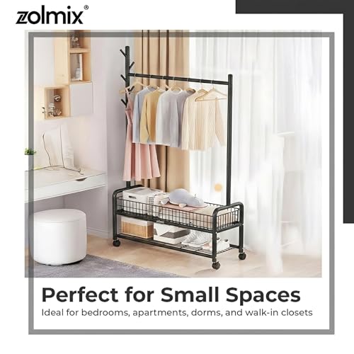 Image of ZOLMIX Metal Garment Rack With Wheels & 2 Bottom Mesh Shelves | Clothes Hanging Stand, Coat Hanger Stand For Home, Cloth Rack For Bedroom, Clothing Rack Organizer For Clothes, Bags & Shoes (Black)