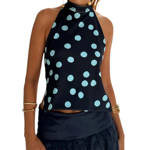 Women Floral Print Halter Tank Top Sleeveless Backless Crop Top Polka Dot Vest Flowy Summer Going Out Streetwear