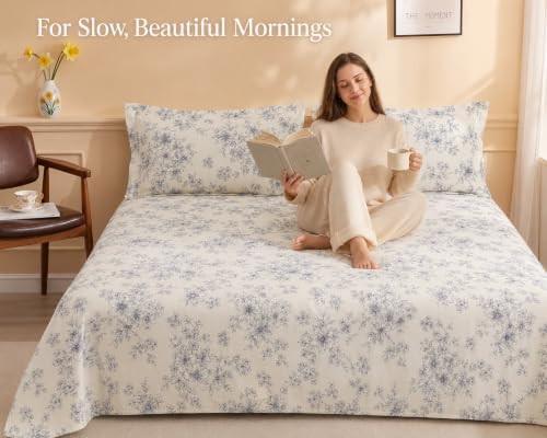 Image of BSB HOME 240 TC Cotton King Size Bedsheet, Premium Soft Breathable Floral Printed Double Bed Sheet, Bed Cover for Bedroom, Durable Bedding, 90 x 100 Inches (229 x 254 cm) - French Blue