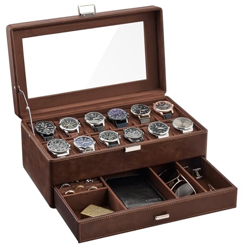 Consejos para Comprar Hombre en Boxer en Casa favoritos de las personas. 48 ProCase Caja para Relojes, Estuche Organizador de Doble Capa para 12 Relojes y Bandeja Inferior para Accesorios Watch Box Exhibidor -Marrón
