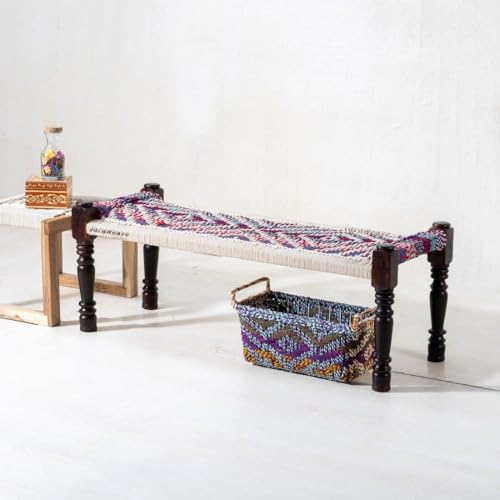 Image of Wooden Bench for Seating | Handcrafted Sheesham Wood Bench for Living Room, Balcony & Garden | Traditional Patio for Outdoor with Cotton Handwoven Rope | White and Multicolor