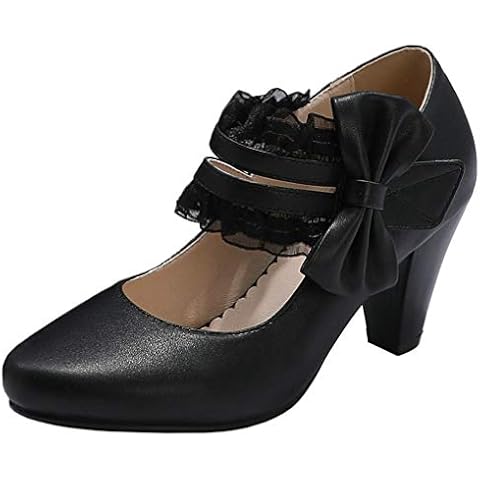 KISSASA Womens Round Toe Mary Jane Heels Pumps with Bow Court Shoes Size 3.5UK,Black Cover