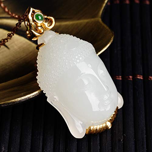 Natürliche Hotan Jade Buddha Kopf Anhänger weibliche 18K Gold weiße Jade Halskette