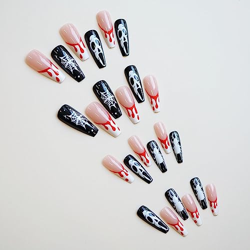 Halloween French Tip Press on Nails Medium Coffin Ghost Fake Nails Red Blood Drops False Nail Full Cover Artificial Acrylic Glue on Nails Tips Finger Manicure for Women and Girls 24Pcs