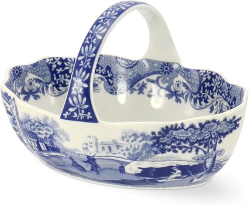 Spode Blue Italian Porcelain Handled Basket with Chip-Resistant Glaze - 6 Inch Decorative Serving Dish for Holiday Gift Giving, Hostess Presentation, Seasonal Table Accents
