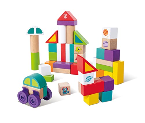 Image of Hape: Space Monster Stacking Blocks - 54pc Wooden Colorful Various Shapes Set, Wheels to Build A Car, Stack & Play Toy, Kids, Toddlers & Baby Ages 1+