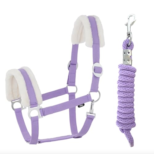 JA Horse Kunstfell Halfter Führstrick Set mit Karabinerhaken verstellbar Pferdehalfter Pferd Holzpferd Anbindestrick (Kunstfell Karabinerhaken Lavender, Full)