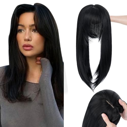 TESS Topper Capelli con Frangia Finta Nero Naturale, Parrucchino Pony Lungo 45 cm per Diradare I Capelli, Toupet Capelli Donna per l'uso Quotidiano, la Fotografia e le Feste