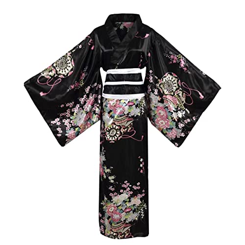 Disfraz de kimono japonés para mujer, bata tradicional de geisha, bata de baño estampada de anime, pijama de estilo largo, Negro -, Talla única