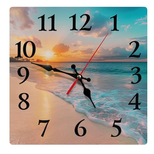 Britimes Square Wall Clock Silent Non-Ticking Battery Operated Clock 12 Inch, Sea Beach Blue Sky Sand Home Decor for Living Room, Kitchen, Bedroom, and Office