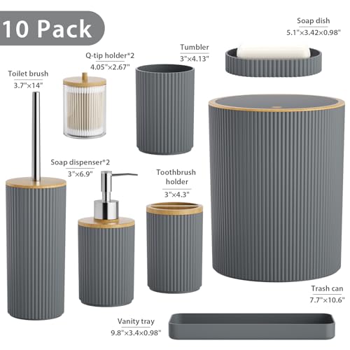 10PC Bathroom Accessories Set - Grey and Wooden Bathroom Sets, Bathroom Accessory Set with Pop Up Trash Can, Toilet Brush, Trash Can, Qtip Holder & Soap Dispenser by InnJoey - Used condition - Image 9