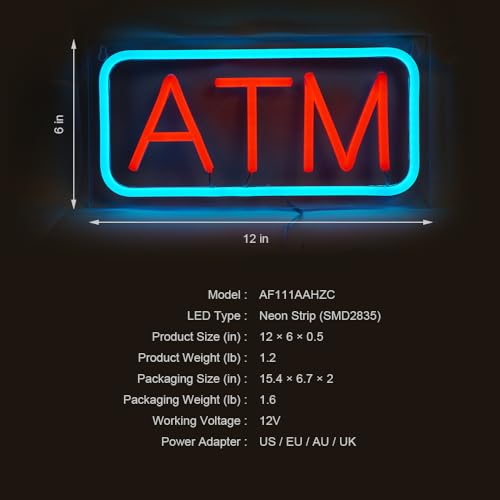 Image of ATM Neon Sign, Mini Size, 12 inchx6 inch, 12V-Powered Business Signboards for Convenience Store, Gas Station, Liquor Shop, Mini Market, High Brightness, Clear Acrylic Backboard, Wall Window Decor