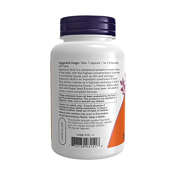 NOW Supplements, Hyaluronic Acid 100 mg, Double Strength with L-Proline, Alpha Lipoic Acid and Grape Seed Extract, 120 Veg Capsules