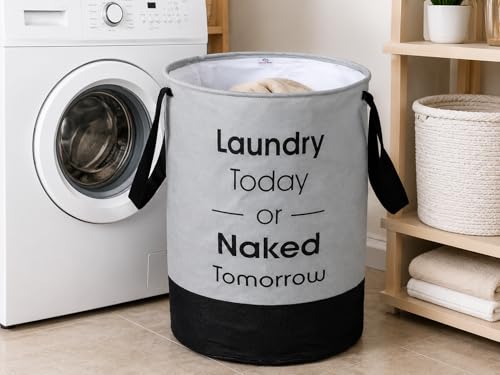 Image of 45L Non Woven Wave Printed Round Foldable Large Laundry Bag /Basket With Handle, Freestanding Cloth Storage Organizer grye black