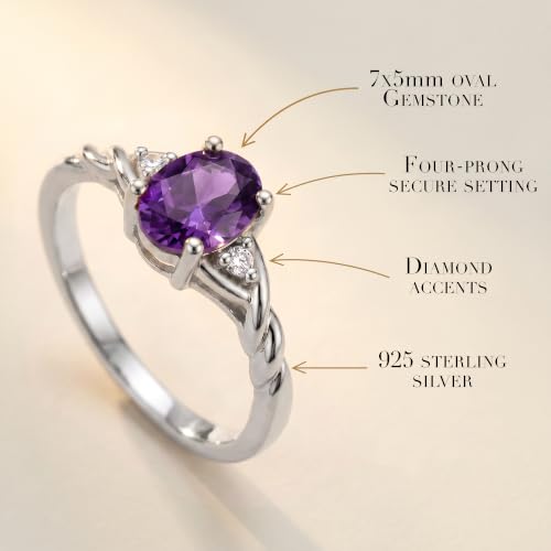 Image of Rylos Sterling Silver Classic Birthstone Ring - 7X5MM Oval Gemstone & Diamonds - Women's Jewelry, Sizes 5-10