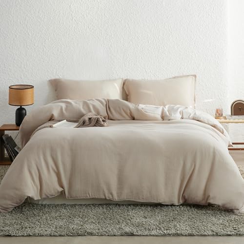 Simple&Opulence Juego de Funda Nórdica de Muselina, 100% Algodón Ultra Suave y Ligera Funda Nórdica Seersucker con Fundas de Almohada(Caqui,230×220cm)