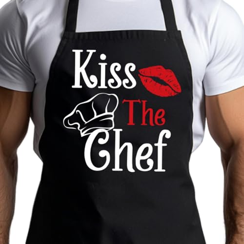 Ymzkpoa Kiss the Chef Apron Gifts for Men,Adjustable Grilling Cooking Aprons with 2 Pockets Gift for Husband,Dad,Grandpa,Neighbor,Boyfriend,Chef,Birthday Gift,Fathers Day for Him-7
