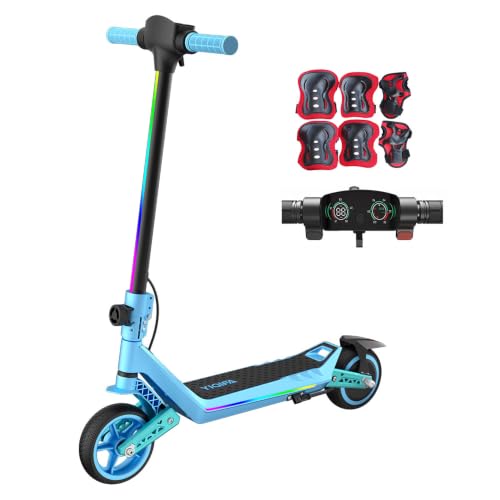 Elektroroller für Kinder, E Scooter mit Regenbogen-LED & Sicherheitsstart, 3 Geschwindigkeiten bis 16 km/h, 12KM Reichweite, doppelte Stoßdämpfer, doppeltes Sicherheitsbremssystem (Blau)