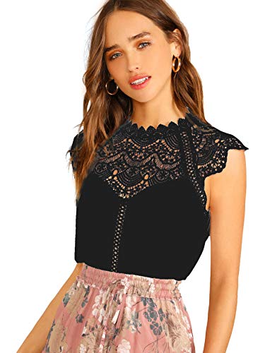 SheIn Women's Elegant Sleeveless Contrast Lace Chiffon Blouses Tops Pure Black Large