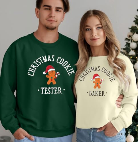 LOTUCY Christmas Couples Matching Sweatshirt Embroidered Gingerbread Baker and Tester Pullover Tops Xmas Couple Outfits3
