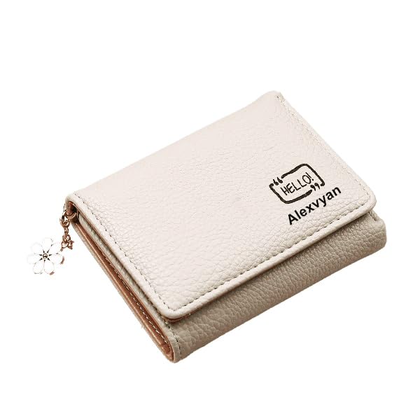 AlexVyan Women's Bi-Fold Wallet With Coin Pocket - Small Check PU Leather Card Organizer, White 12.8x10.5 Cm