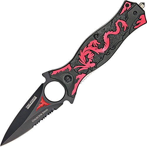 TAC Force TF-707RD Assisted Opening Folding Knife, Black Half-Serrated Blade, Red Dragon Handle