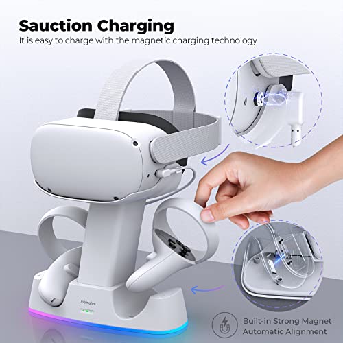 Gamulus 2 In 1 Rgb Charging Dock & Stand Base For Meta Quest 2, Vr Headset & Controllers Magnetic Fast Charger Docking Station, 2200Mah Rechargeable Batteries, 7 Lighting & Fantastic Gaming Atmosphere #TOP3