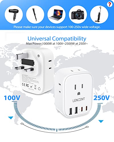 LENCENT US to UK Ireland Travel Plug Adapter,Grounded Type G Adapter for Travel with 4 Outlets 4 USB Ports (2 USB C), Power Plug for USA to Dubai Scotland British London England Hong Kong Irish Qatar