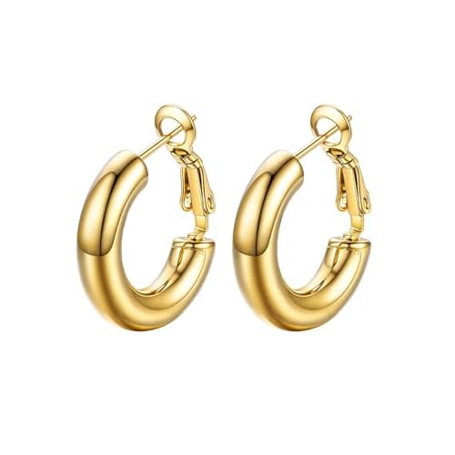 Stainless Steel Chunky Hoop Earrings For Women, Minimalist and Chic, Black/Gold Plated, Round Hoops Earrings Hypoallergenic, Size: 30mm/40mm/60mm/80mm, Come with Box 20MM 1. Gold