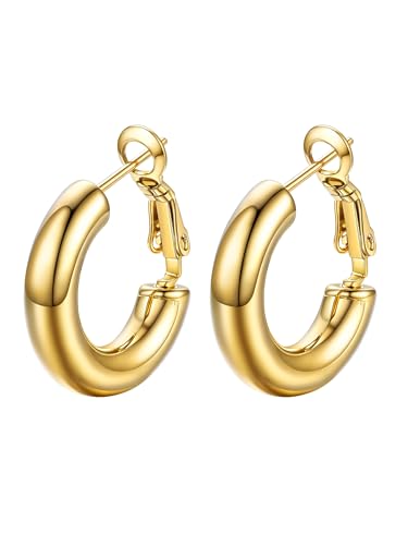 Image of Stainless Steel Chunky Hoop Earrings For Women, Minimalist and Chic, Black /Gold Plated, Round Hoops Earrings Hypoallergenic, Size: 30mm /40mm /60mm /80mm, Come with Box